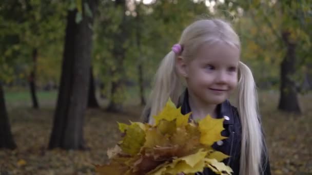 Маленький ребенок в осеннем парке. Красивая девушка с желтыми кленовыми листьями - Кадры, видео