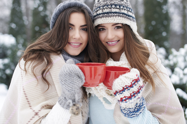 Δύο γυναίκες, πίνοντας ζεστή σοκολάτα - Φωτογραφία, εικόνα