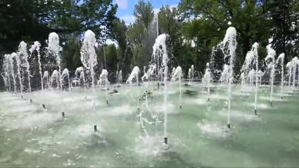 eruzione d'acqua in una fontana, flusso d'acqua e spruzzi. Spruzzare acqua dai getti in una fontana - Filmati, video