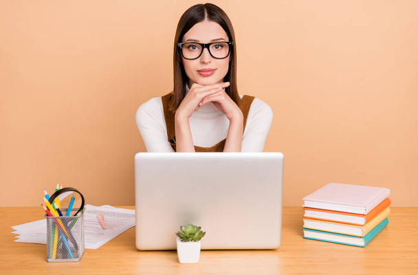 Portrait of attractive skilled confident girl employee insurance agent broker using laptop isolated over beige color background - Φωτογραφία, εικόνα