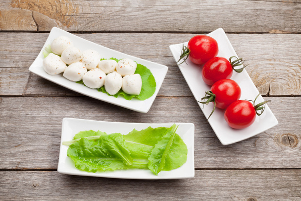 rajčata, mozzarella a zelené listy salátu - Fotografie, Obrázek