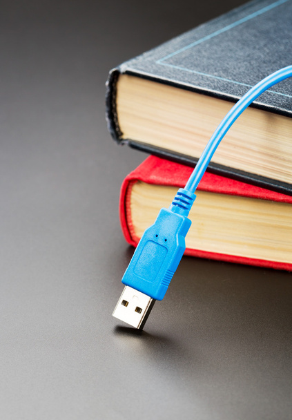 Cable USB azul en los libros
 - Foto, Imagen