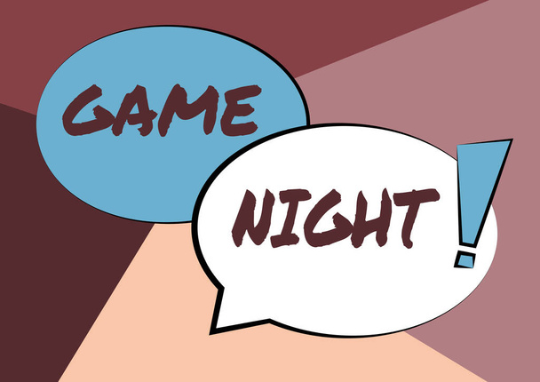 Znak tekstowy pokazujący Game Night. Biznes showcase zazwyczaj nazywa się na dorosłych dat zabaw, takich jak poker z przyjaciółmi Dwa kolorowe nakładające się bańki mowy Rysunek z wykrzyknikiem Mark. - Zdjęcie, obraz