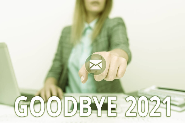 Sign displaying Goodbye 2021. Üzleti koncepció kifejezni jó kívánságait, amikor elválnak, vagy a végén a tavalyi építész Interjú ügyfél, Reporther Gyűjtése Fontos információk - Fotó, kép