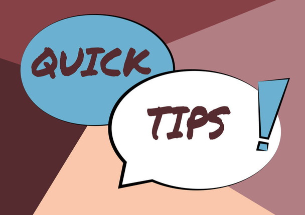 Znak tekstowy pokazujący Quick Tips. Internet Concept małe, ale szczególnie przydatne porady praktyczne Dwa kolorowe nakładające się bańki mowy Rysunek z wykrzyknikiem Znak. - Zdjęcie, obraz