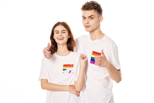 young couple lgbt Flag transgender lifestyle light background - Valokuva, kuva