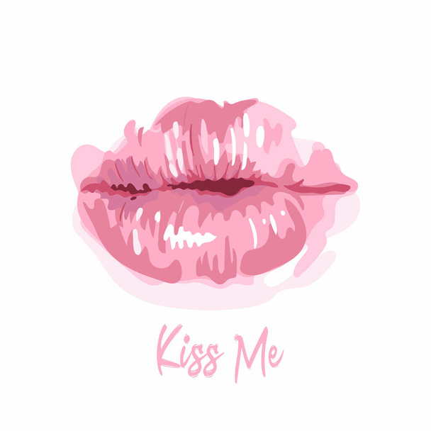 Vector illustration of tender pink lips, lettering kiss me. Valentines Day. Watercolor style. Happy World Kiss Day. True love forever. For a postcard, gift, banner, poster, print on clothes, fabric - Vector, Image