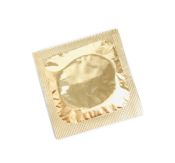 Condom package isolated on white, top view. Safe sex - Foto, imagen