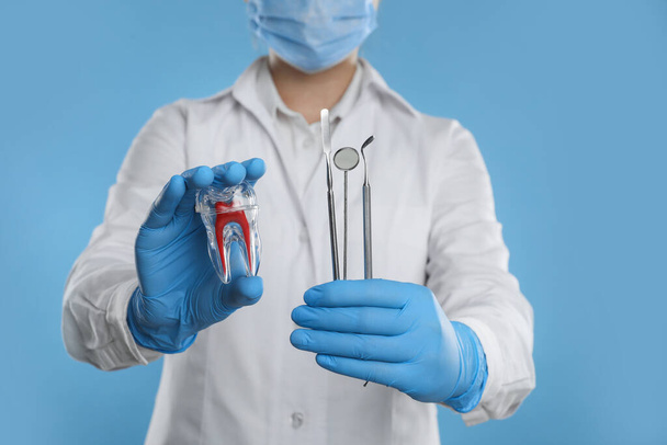 Dentist holding tooth model and tools on light blue background, closeup - Zdjęcie, obraz