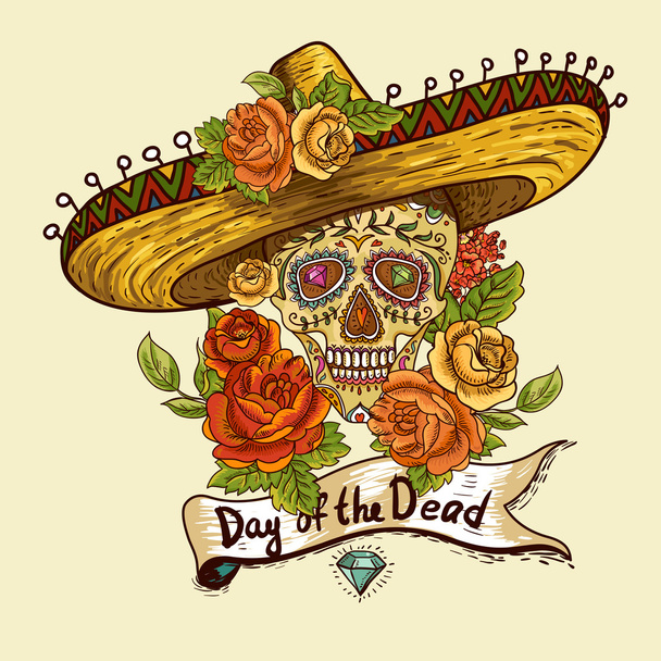 Floral Background with Skull in Sombrero - Vector, Image