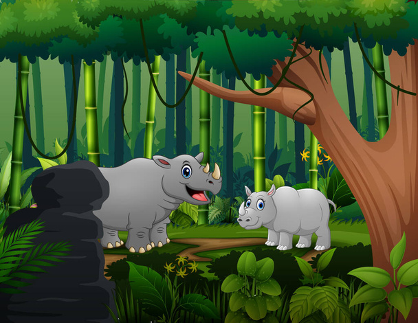A rhino and her cub in the middle of forest - Vector, Image