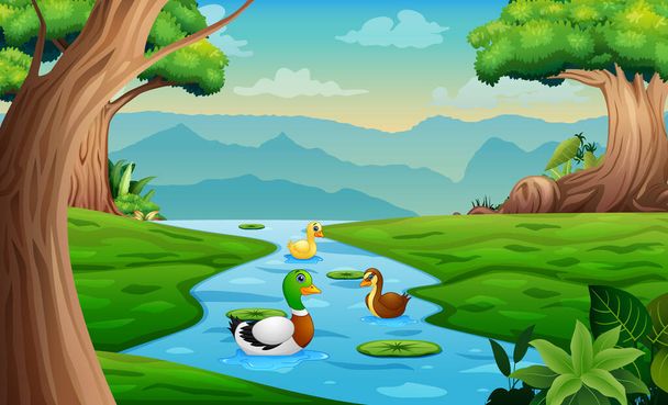 Illustration of a mother duck with her ducklings in the river - Vector, Image