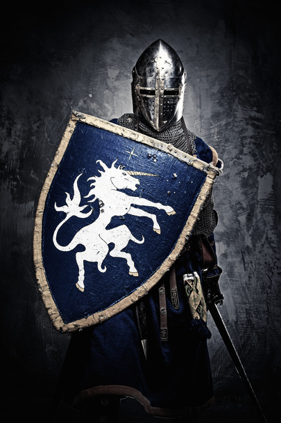 Mittelalterlicher Ritter gegen Steinmauer - Foto, Bild