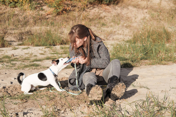 mladá krásná hnědovlasá žena sedící na písečné pláži a hrající si se psem. Jack Russel teriér popadl hračku a snažil se ji sebrat. podzimní volný čas se psem, hravá zvířata. - Fotografie, Obrázek