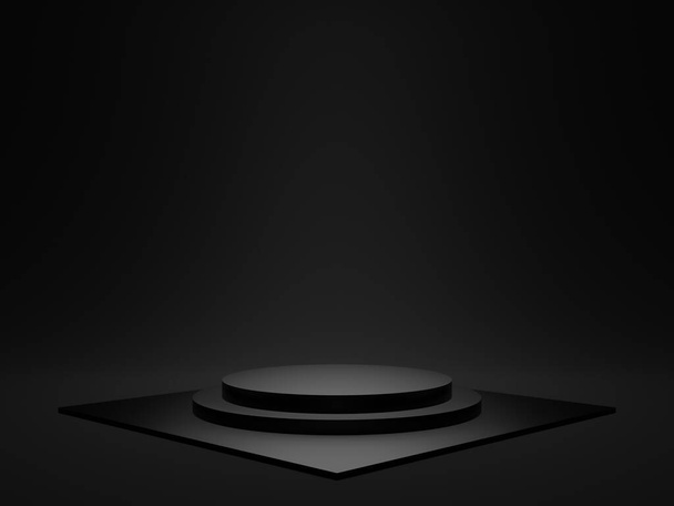 3D gemaakt zwart geometrische product podium. Donkere achtergrond. - Foto, afbeelding