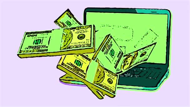Animación 2d en estilo cómico-dinero de Internet que sale de un ordenador portátil - Metraje, vídeo