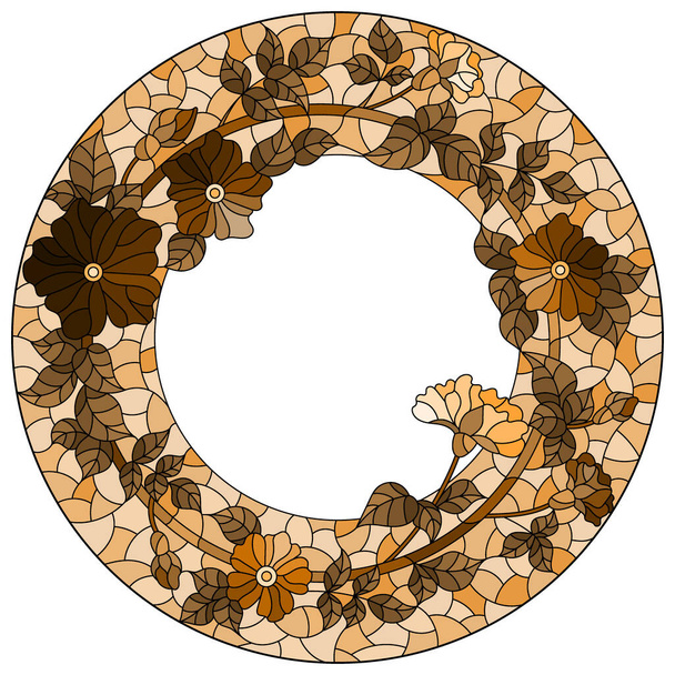 Illustrazione in vetro colorato stile cornice floreale, fiori luminosi e foglie telaio su sfondo bianco, tono monocromatico marrone  - Vettoriali, immagini