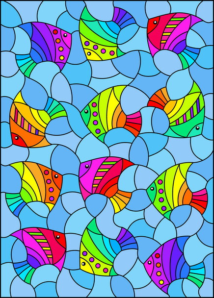 Illustration en verre teinté avec des poissons arc-en-ciel lumineux sur fond bleu, image rectangulaire - Vecteur, image