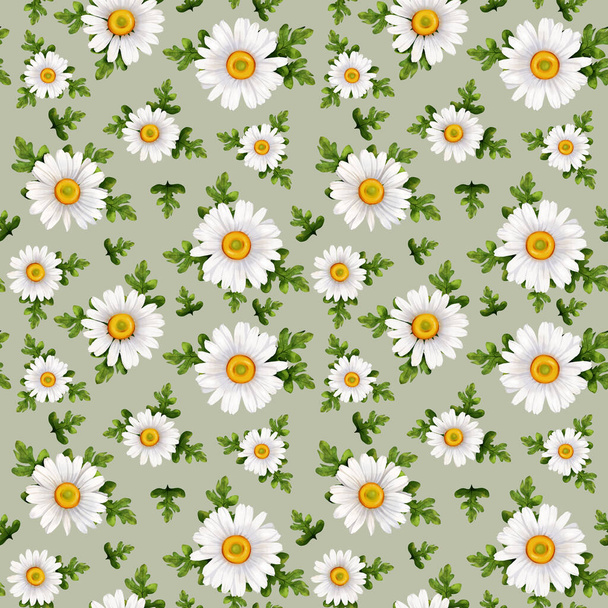 Watercolor seamless pattern with spring daisies. Green texture, for fabrics, textiles, prints, clothes, etc. - Foto, imagen