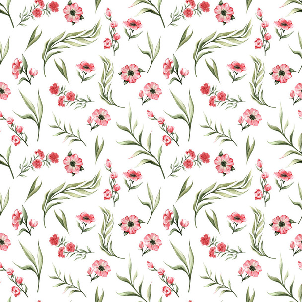 Watercolor seamless pattern with pink flowers, leaves, branches on a white background. Delicate background. Suitable for textiles, wallpapers, prints, etc. - Photo, image