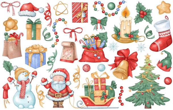 New Years set of holiday items: gifts, snowman, Santa Claus, tree, bows, confetti, bell, garlands, etc. Christmas collection. Suitable for stickers, prints, books, etc. - Foto, immagini