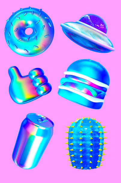 3d render sticker set creative funny stylish neon food objects. Restaurant, bars, cafes concept - 写真・画像