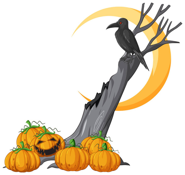 Jack o'lantern pumpkin with crow on dead tree  illustration - Vector, Image