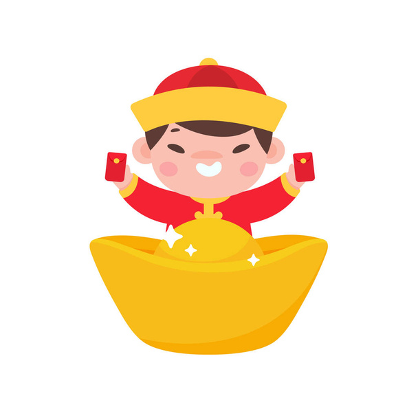 Chinese children wear red national costumes with golden yuan. - Vektor, obrázek