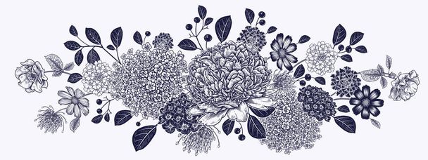 Vintage garland of beautiful garden flowers. Peonies, hydrangea and leaves. Vector illustration. Black and white. Luxury decor for fashion design, design of cards, invitations, wedding theme. - Vektori, kuva