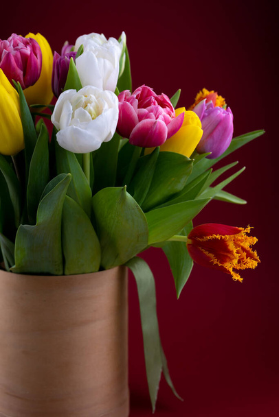 Mix of spring tulips flowers. Bouquet in a vase. Multi-colored spring flower. Gift. Red, pink, white and yellow. Background with flowers tulips close-up different colors - Foto, Bild