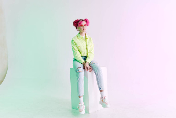 fashionable woman pink hair posing fashion clothes lifestyle fun design - Фото, изображение