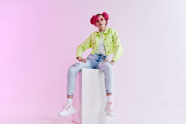woman with pink hair teen fashionable clothes posing neon - Photo, image