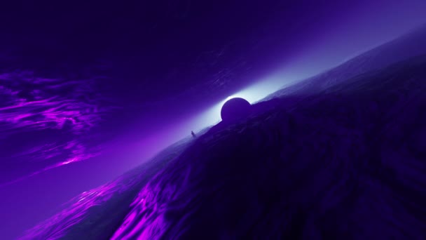 Sci-fi krajina digitální pozadí. Kouzelník kráčí po zemi s barevným měsícem - Záběry, video