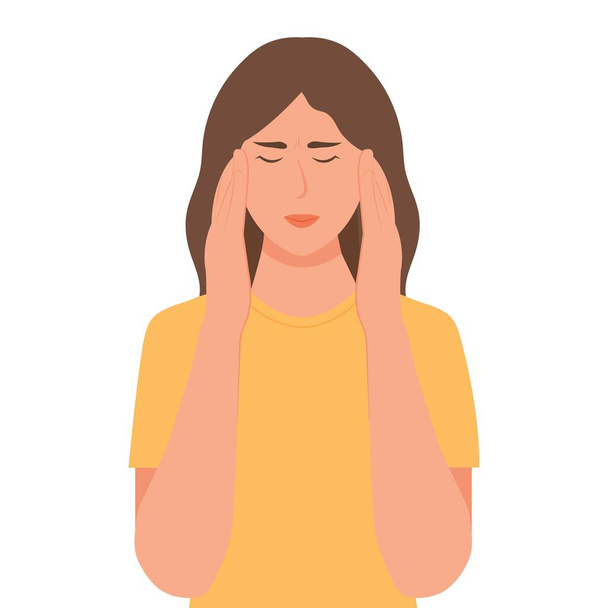 Hoofdpijn. Jonge vrouw lijdt aan migraine, houdt haar hoofd vast met haar handen. Vectorillustratie. - Vector, afbeelding
