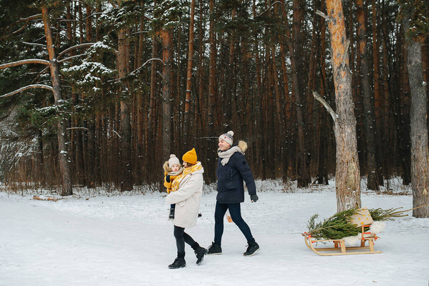 Ein Paar spaziert mit einem Kind an Heiligabend durch den Winterwald - Foto, Bild
