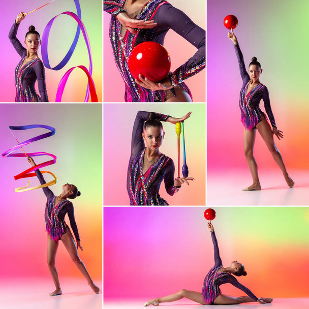 Koláž portrétů ženské rytmické gymnastky v pohybu s jasnou stuhou, míč izolovaný přes pestrobarevné pozadí. - Fotografie, Obrázek