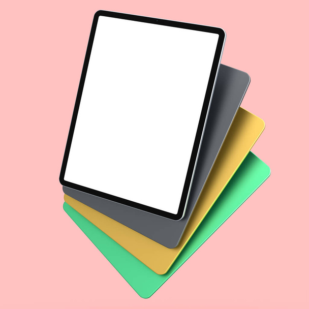 Set of computer tablets with cover case and blank screen isolated on pink background. 3D rendering concept of creative designer equipment and compact workspace - Photo, Image