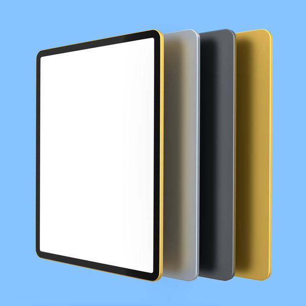 Set of computer tablets with cover case and blank screen isolated on blue background. 3D rendering concept of creative designer equipment and compact workspace - Photo, Image