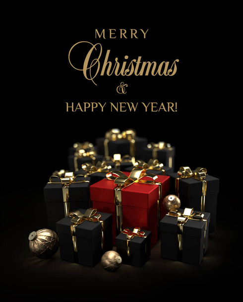 Tarjeta de felicitación de Navidad de lujo con cajas de regalo. ilustración 3d - Foto, Imagen