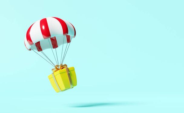 ejtőernyő sárga ajándék doboz elszigetelt kék hátter.fogalom 3d illusztráció vagy 3d render - Fotó, kép