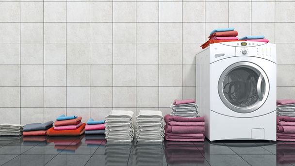 Montón de toallas de colores en la lavadora
 - Foto, Imagen