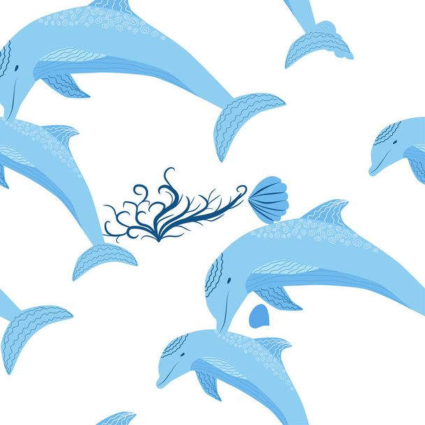 Dolphin, sea inhabitants seamless pattern, beautiful character among seashells, algae, starfish, marine wildlife. - Вектор,изображение