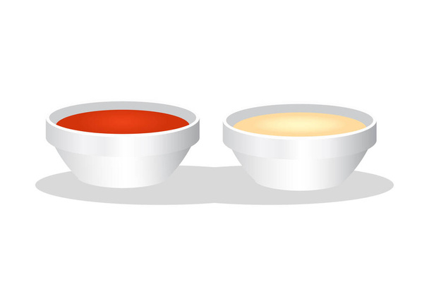 Ketchup und Mayonnaise Saucen Tasse Schalen isoliert auf weißem Hintergrund - Vektor, Bild
