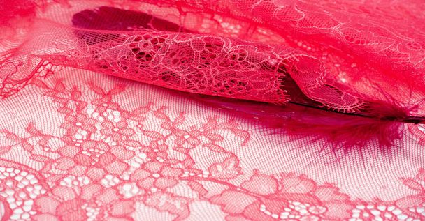 lace fabric. bird feather. red on a white background. Delicately crafted from yarn or thread, lace fabrics have historically embodied class and beauty since their inception in the 16th century. - Photo, Image