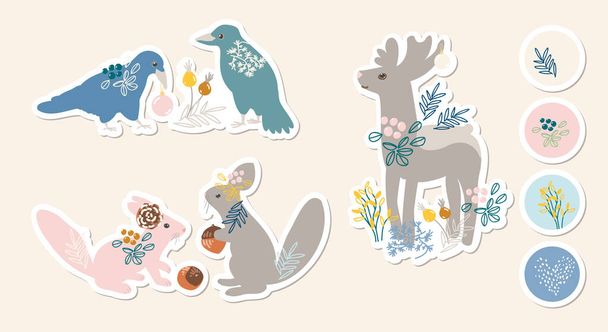 Winter set of stickers with deer, birds, squirrels, snow, berries and plants. - Vecteur, image