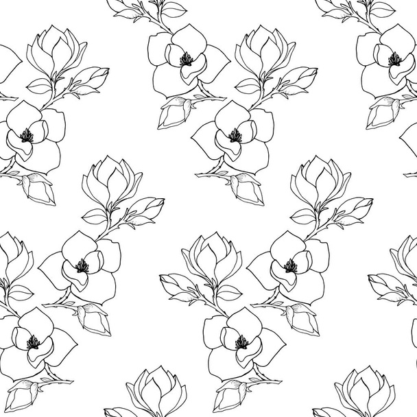 Seamless  pattern with flowering branches of magnolia, drawing in black outline on a white background. Vector illustration with black outline and white fill. - Vektor, kép