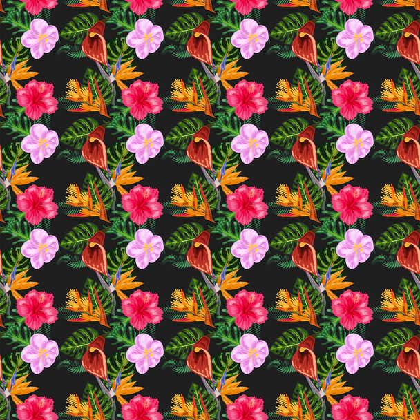 Fiori tropicali di orchidea rosa, monstera, foglie di palma da banana senza soluzione di continuità. Illustrazione fogliame giungla. Piante esotiche. Estate spiaggia disegno floreale. Natura paradisiaca - Vettoriali, immagini