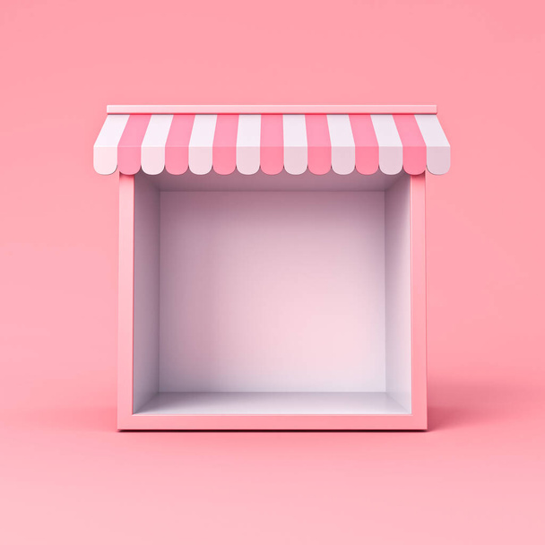 Blanco zoete beursstand winkel of blanco display winkel stand met roze gestreepte luifel geïsoleerd op roze pastel kleur achtergrond minimale conceptuele 3D rendering - Foto, afbeelding