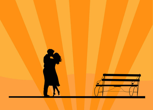 Due amanti si baciano vicino alla panchina. Un ragazzo e una ragazza si stanno baciando mentre sono in piedi vicino alla panchina. Raggi nascenti del sole sullo sfondo. - Vettoriali, immagini