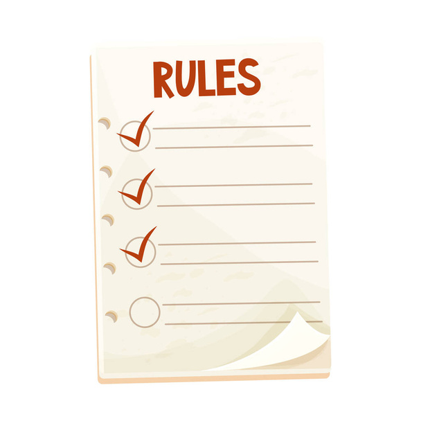 Lista di controllo Regole, promemoria carta in stile cartone animato isolato su sfondo bianco. Memo, risoluzione di base. Pagina con segni rossi. - Vettoriali, immagini